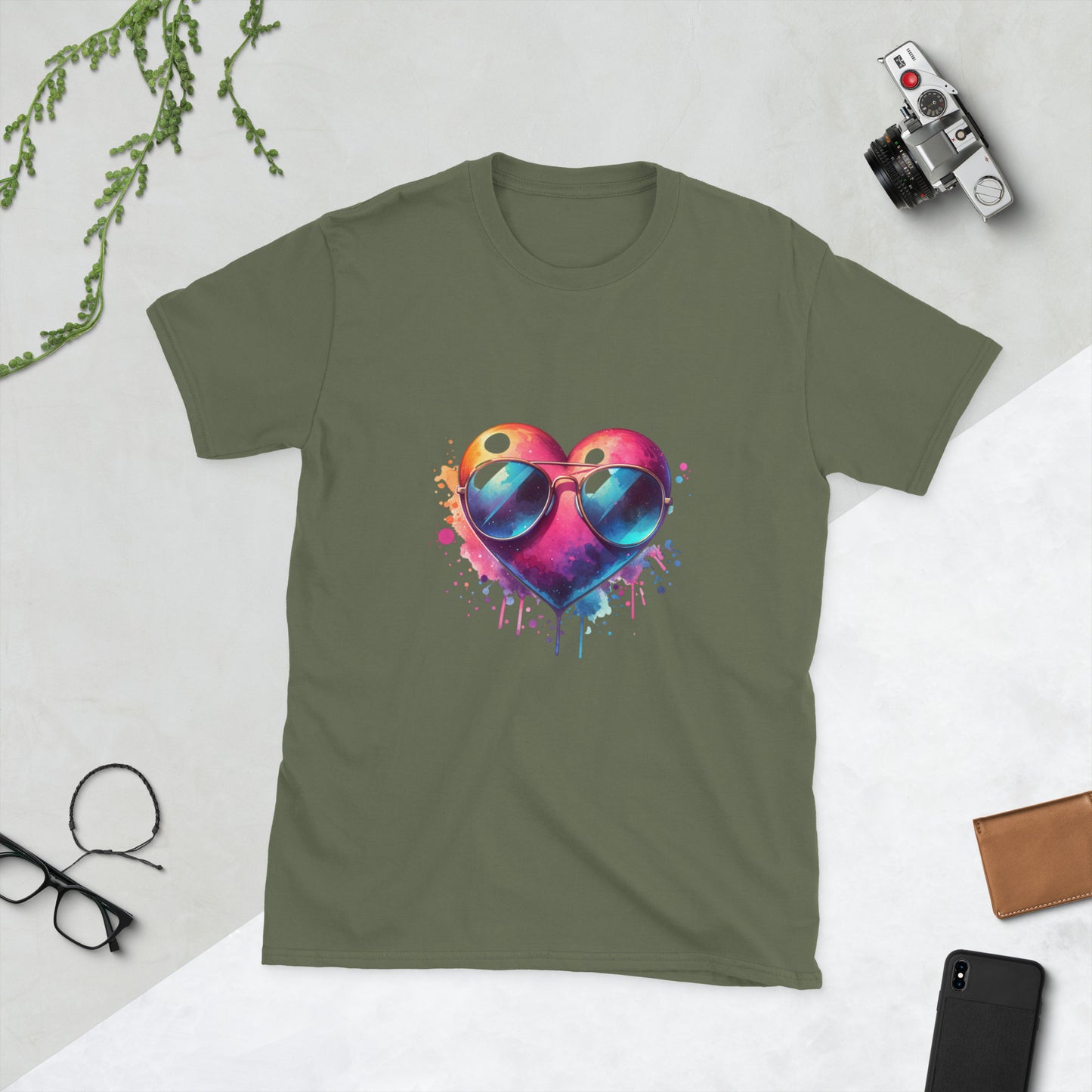 Kurzärmliges Unisex-T-Shirt Herz mit Sonnenbrille