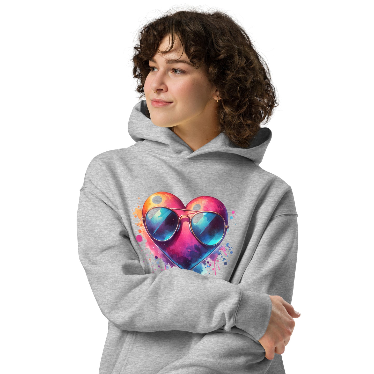 Oversized-Unisex-Hoodie Herz mit Sonnenbrille doppelseitiger Druck