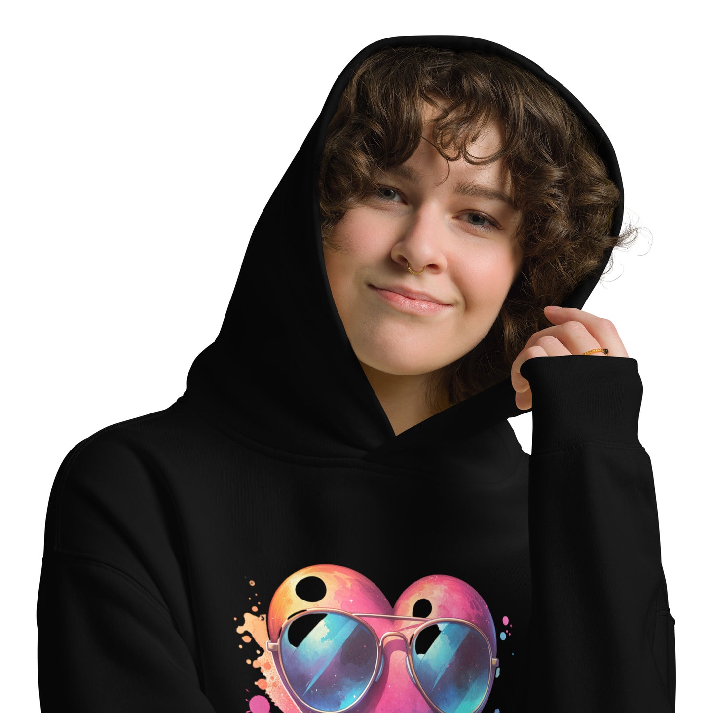 Oversized-Unisex-Hoodie Herz mit Sonnenbrille doppelseitiger Druck